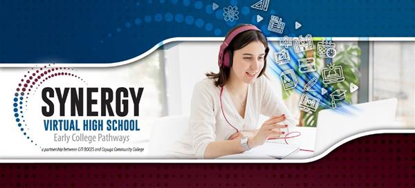 Image of girl at laptop with Synergy logo and school icons Image of girl at laptop with Synergy logo and school icons